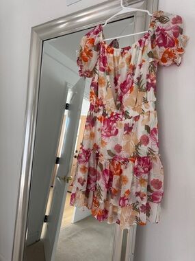 REVOLVE Floral Off-Shoulder Mini Dress in White, Pink & Orange